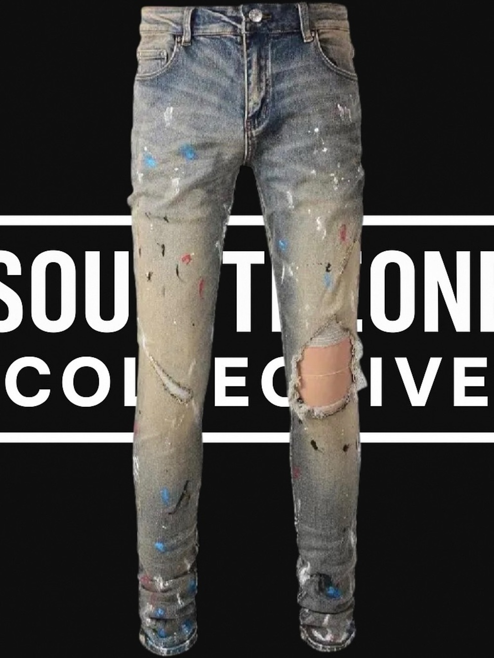 Men's Vintage Ripped Painted Blue Skinny Jeans